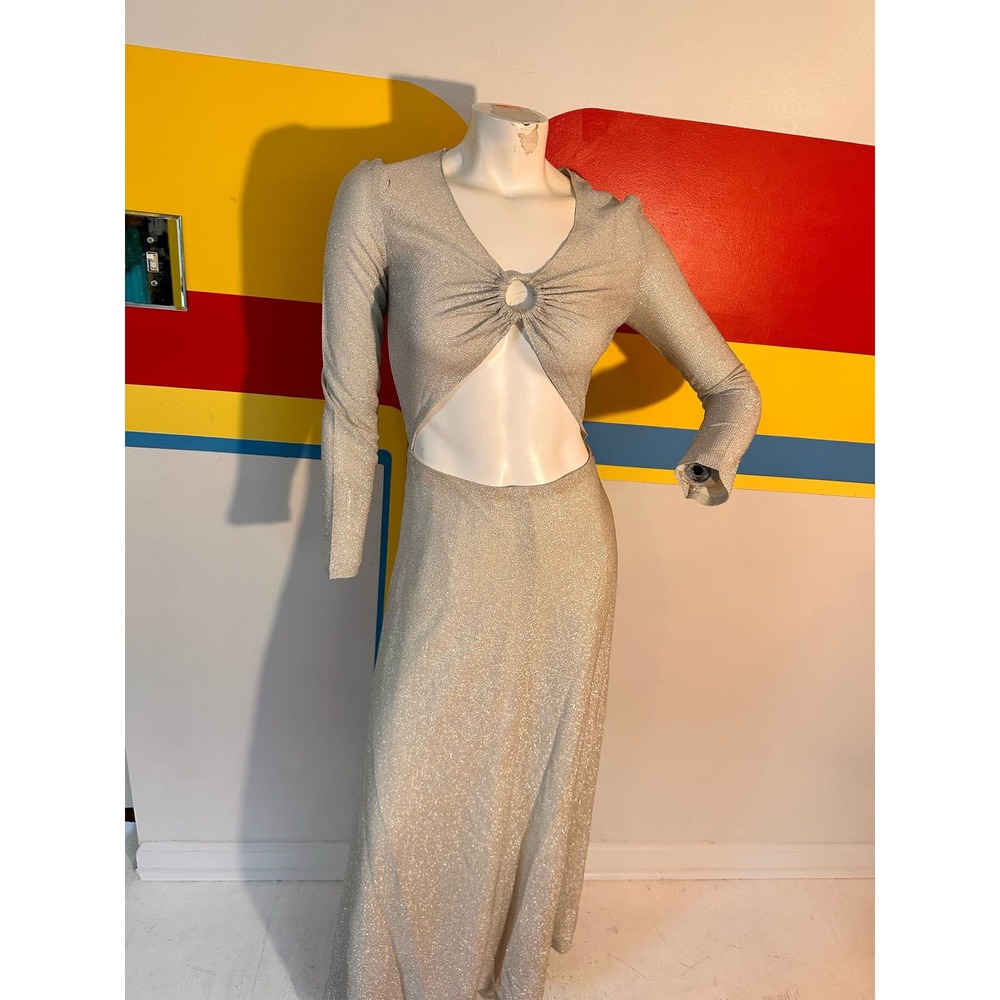 1970s vintage silver lurex maxi dress gown cutout midriff sz XS Mr. Aref